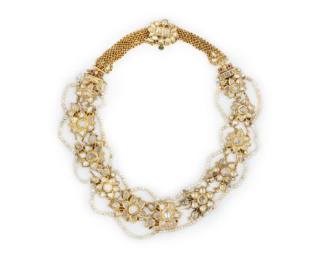 A diamond-set enamelled gold necklace North India, 19th/ 20th Centurycomprising eleven openwork elements in the form of flowe