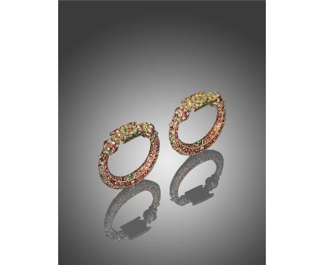 An impressive pair of gem-set gold anklets North India, 19th/20th Centuryeach of circular form, one half tubular, the other h