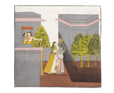 An illustration from a Sat Sai series of Bihari, depicting Krishna and Radha strolling in the moonlight, watched by two gossi