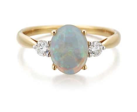 AN 18 CARAT GOLD OPAL AND DIAMOND THREE STONE RING an oval opal spaced by round brilliant-cut diamonds. Estimated diamond wei