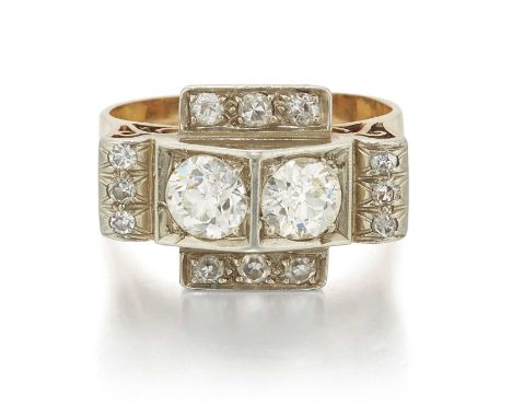 A DIAMOND DRESS RING, CIRCA 1930S/1940S two round brilliant-cut diamonds within a diamond-set angular scroll frame. Estimated