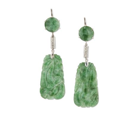 A PAIR OF JADE AND DIAMOND PENDANT EARRINGS each comprising a jade plaque carved with gourds, suspended from princess-cut dia