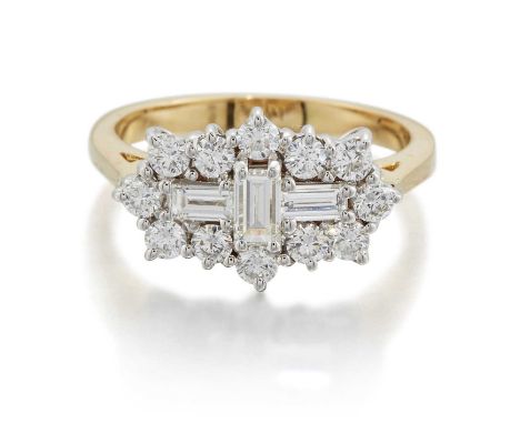 AN 18 CARAT GOLD DIAMOND CLUSTER RING three baguette-cut diamonds within a border of round brilliant-cut diamonds. Estimated 