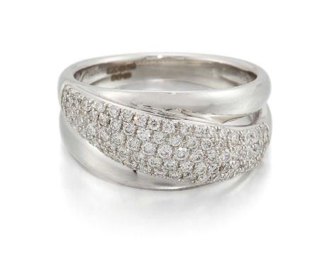 AN 18 CARAT WHITE GOLD DIAMOND RING a central band pavé-set with round brilliant-cut diamonds between two plain bands. Estima