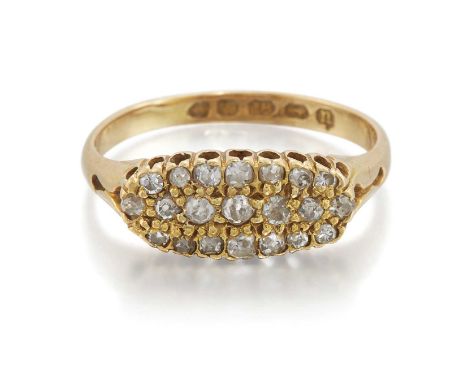 AN 18 CARAT GOLD DIAMOND RING the boat-shaped bezel inset with three rows of eight-cut diamonds, to pierced shoulders. Estima