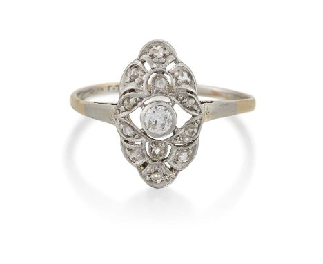 AN EARLY 20TH CENTURY DIAMOND RING an old-cut diamond within a pierced milgrain navette frame set with rose-cut diamonds. Est