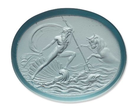 A LARGE BLUE PASTE INTAGLIO AFTER THE ANTIQUE OF THE PRINCE STANISLAS PONIATOWSKI COLLECTION depicting 'Neptune Causing The C