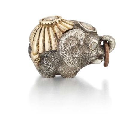 FABERGÉ - A LATE 19TH CENTURY DIAMOND ELEPHANT PENDANT, BY AUGUST HOLLMING the textured and bright polished elephant with ros