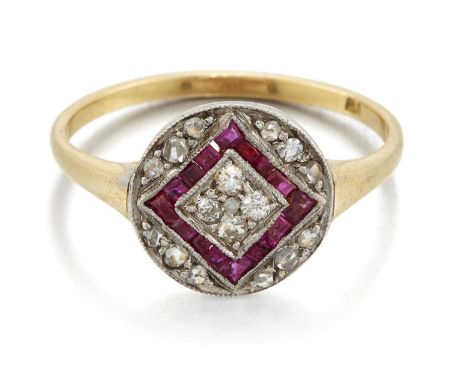 AN EARLY 20TH CENTURY RUBY AND DIAMOND RING the circular head milgrain-set with eight-cut and rose-cut diamonds and calibré-c