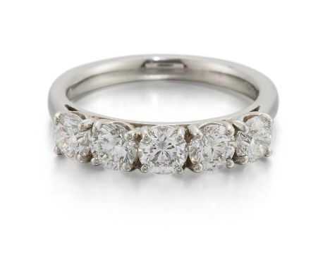 A PLATINUM DIAMOND FIVE STONE RING round brilliant-cut diamonds in claw settings. Total diamond weight 1.54ct, hallmarked Lon