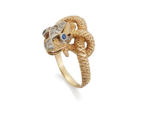 A SAPPHIRE AND DIAMOND SNAKE RING a coiled snake with textured scales, the head pavé-set with eight-cut diamonds and with sap