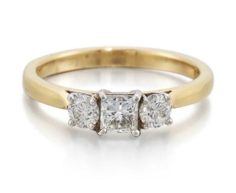 AN 18 CARAT GOLD DIAMOND THREE STONE RING a princess-cut diamond spaced by round brilliant-cut diamonds. Estimated total diam