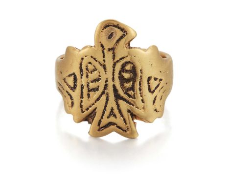 A RING the shaped bezel engraved with a bird, to decorative shoulders. Unmarked, ring size O, 5.1 gramsShank resized and a li