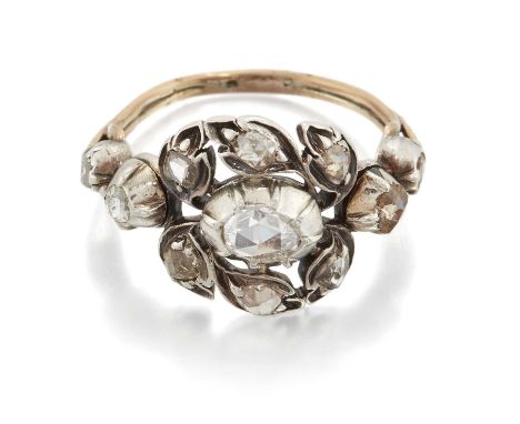 A GEORGIAN DIAMOND CLUSTER RING a rose-cut diamond in a crimped setting within a border of foliate-set diamonds, to diamond-s