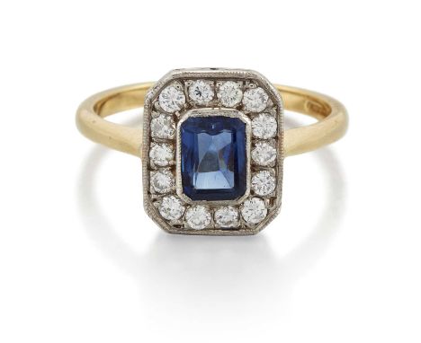 AN 18 CARAT GOLD SAPPHIRE AND DIAMOND CLUSTER RING an octagonal-cut sapphire within an octagonal border of round brilliant-cu