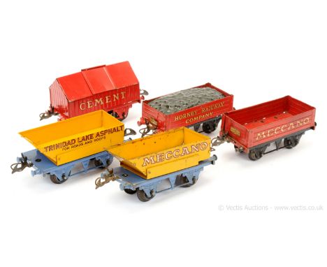 Hornby O Gauge a group of Goods Wagons consisting of "Meccano" and "Hornby Railway Company" Coal Wagons, red Cement Wagon, Tr