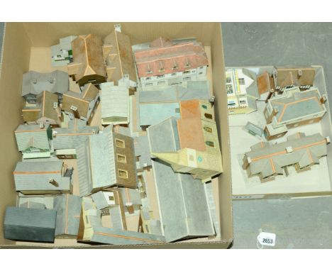 OO Gauge cardboard constructed Buildings to include Engine shed, Church, shops, houses, footbridge, police station, public ho