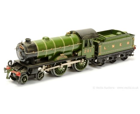 Hornby O Gauge No.2 4-4-0 Loco and Tender LNER green "Bramham Moor" No.201, clockwork.  Loco missing handrail to one nearside