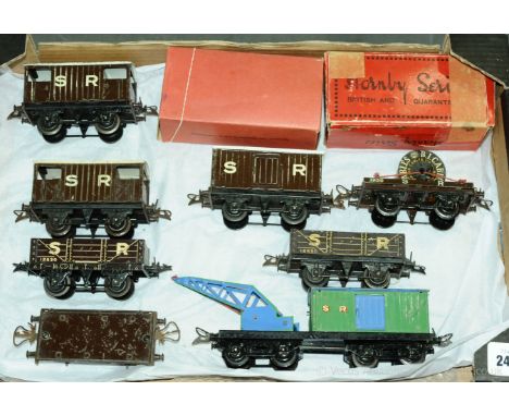 Hornby O Gauge a group of SR Goods Wagons consisting of Brake Vans x 2, Open Wagons x 2, Flat Truck, Breakdown Van and Crane,