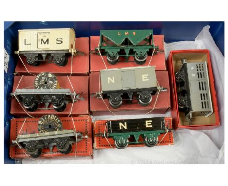 Hornby O Gauge a group of NE and LMS Goods Wagons consisting of LMS Refrigerator Van, Flat Truck with Cable Drum x 2, Hopper 