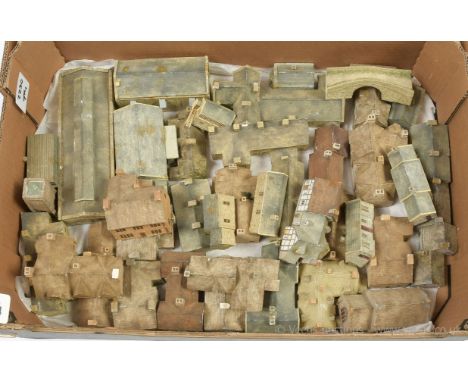 N gauge large quantity of cast Buildings including Double Track Engine Shed, 2 x Goods Shed, various Station Buildings, Water