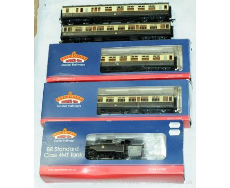 Bachmann group of Locomotives and Passenger Coaches consisting of Ref 32-359 2-6-4 BR black Class 4MT Tank Loco No.80151, Goo