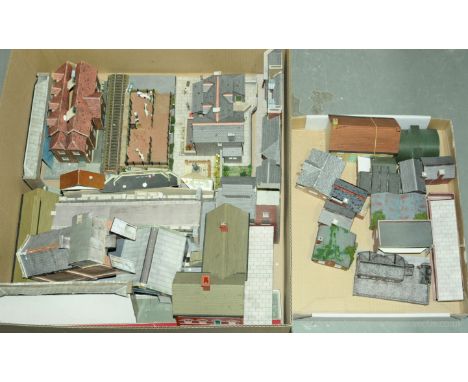 OO Gauge cardboard and plastic buildings to include goods loading bay, low relief shops and cinema, engine sheds, cricket pav