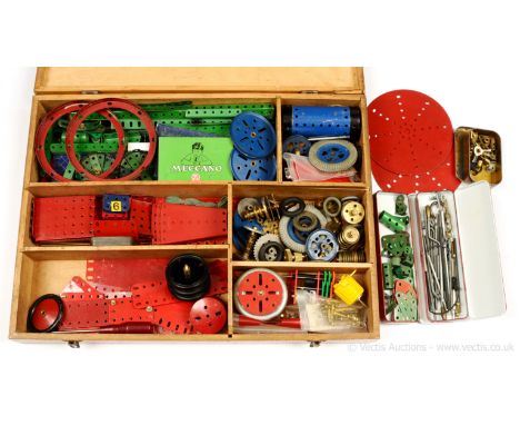 Meccano post-war No.9 Outfit in light wood hinged box with a number of mixed period parts in green, red, blue and blue and go