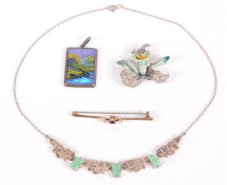 An English silver butterfly wing pendant, a jade and marcasite set silver necklace and two brooches. 