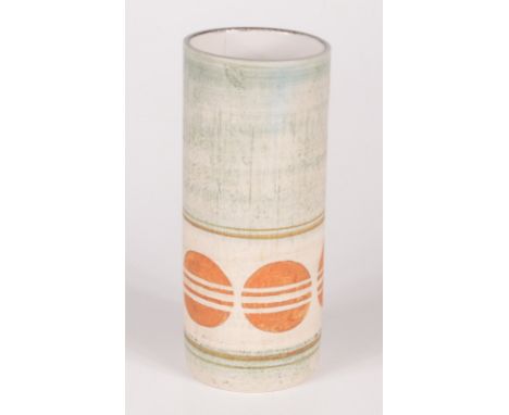 A Troika cylindrical vase, the body decorated with a band of abstract design, painted initials RL and 'Troika Cornwall Englan