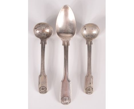 A pair of fiddle, thread and shell Wang Hing Chinese export silver salt spoons and a matching teaspoon, pseudo Georgian marks