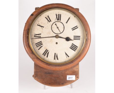 A late Victorian oak cased fusee wall clock, with a 25.2cm white enamel dial with black painted roman numerals, height 40cm, 