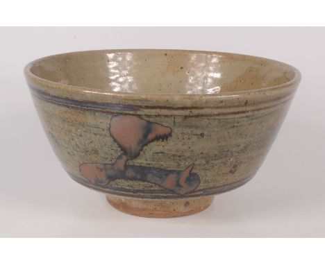 A Leach studio pottery footed bowl, with abstract tenmoku glaze decoration, height 12cm, diameter 23.4cm.    Condition report