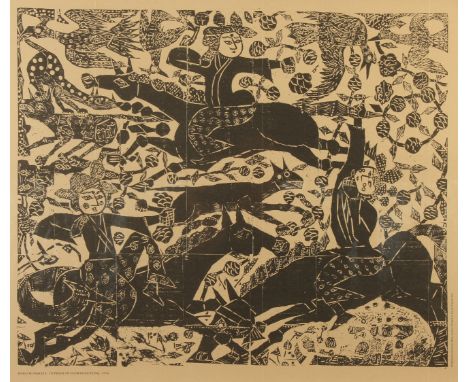 A print by Shiko Munakata, 'In Praise of Flower Hunting', published by Redstone Press, 35 x 43cm.