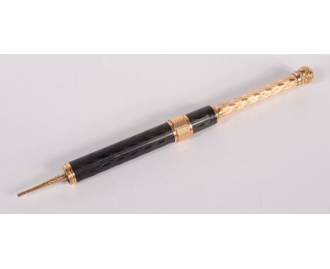 An Aikin Lambert & Co 18ct gold mounted dip pen/propelling pencil, the engine turned ebonite body impressed patented Sept 15 