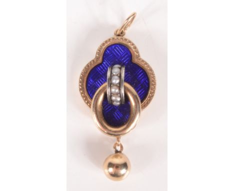 A high purity gold and blue enamel pendant.