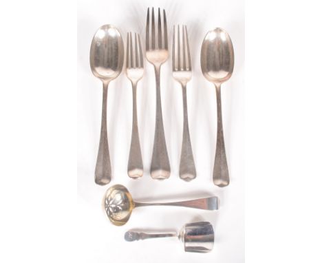 A Victorian Old English pattern sugar sifting spoon and other silver cutlery including a caddy spoon (damaged), 9.1oz.