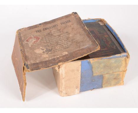 A set of twelve coloured magic lantern slides, 'The Emigrants Voayage', in original cardboard box, slides 8.2 x 8.2cm. 