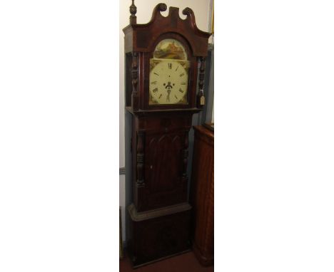 A Victorian mahogany eight day longcase clock, the painted arched dial with a hunting scene, spandrels with floral sprays, fl