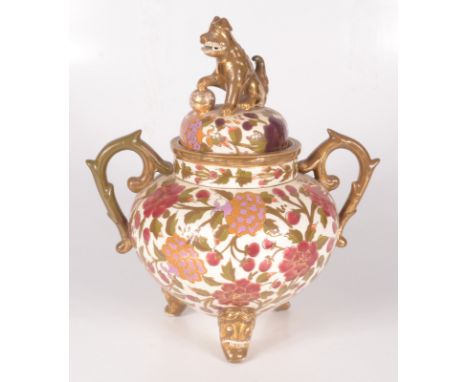 A Hungarian Fischer J Budapest pottery incense burner, the cover surmounted by a dog of fo, the body with twin handles and de