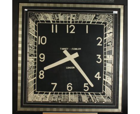 A Timney Fowler, London printed scarf decorated as a clock face, framed and glazed, total size 101.5 x 98cm. 