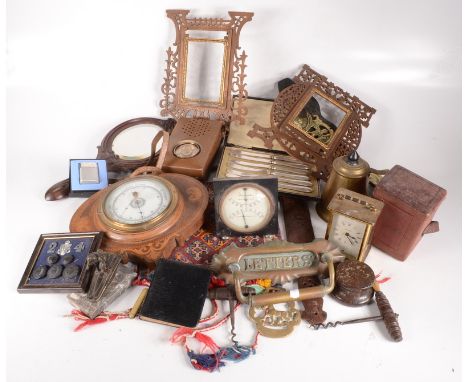 Miscellaneous, to include a brass letter box, an inlaid wall barometer, a Ronson lighter, a brass carriage clock, a Dynatron 