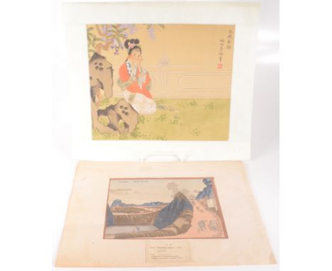 A Japanese painting on silk, a lady seated on a balcony beneath a flowering tree, calligraphy and red seal mark, 28 x 34cm an