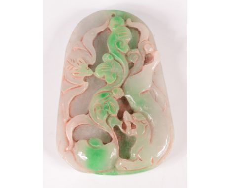 A Chinese green veined jade pendant carved with a bat, scrolling fungus and a mythical big cat, 74 x 50mm tapered, the back c