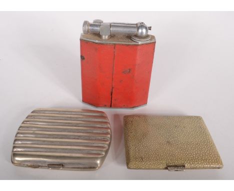 A shagreen cover silver plated cigarette case, one other cigarette case and a table lighter in Dunhill style by Radford. 