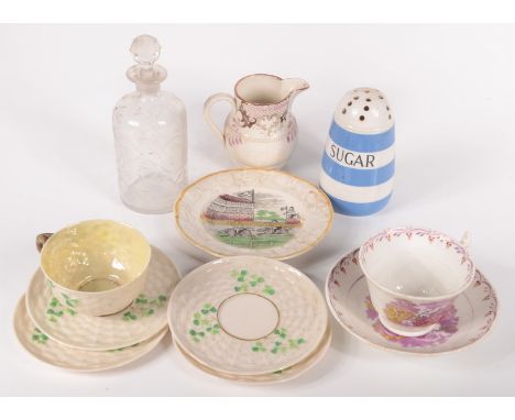 An English pottery nursery plate, entitled 'Pig Race', 19th century, diameter 15.5cm, a Sunderland lustre cup, saucer and jug