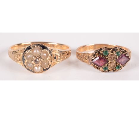 A 15ct gold Victorian ring set with red and green stones Birmingham 1897, together with an 18ct gold Victorian memoriam ring 