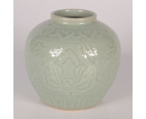 A Chinese celadon glaze ginger jar, seal base to base, height 13.5cm, diameter 15cm.    Condition report:  Small area of glaz