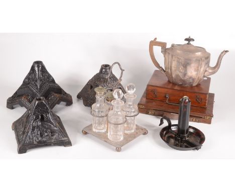 A mahogany artists box by Reeves, height 3cm, width 23cm, depth 17cm, another artists box, three cast iron lamp bases, a Stes