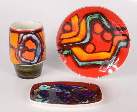 A Poole pottery vase, No.83, with polychrome abstract design, height 15cm, diameter 9cm, a Poole pottery plate, No.3, diamete